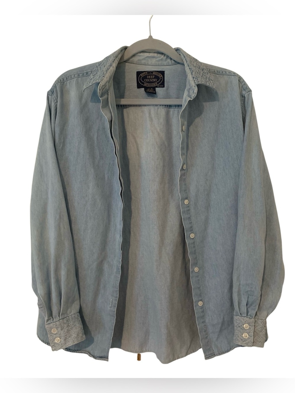 Deep Country Vintage Denim Shirt M Blue Embroidered Collar Cuffs Southwest